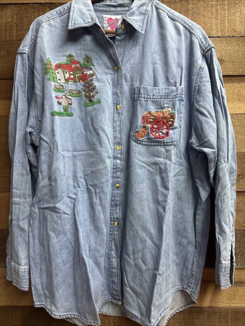 Vintage Keren Hart Denim Embroidered Button Up Shirt Womens Fall Pumpkin L